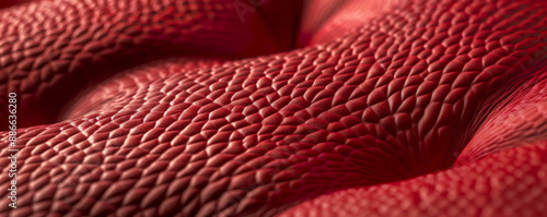 A close-up of red leather with a pebbled texture, showcasing the small, round bumps that give it a distinctive feel. The vibrant color adds a bold touch to the material. photo