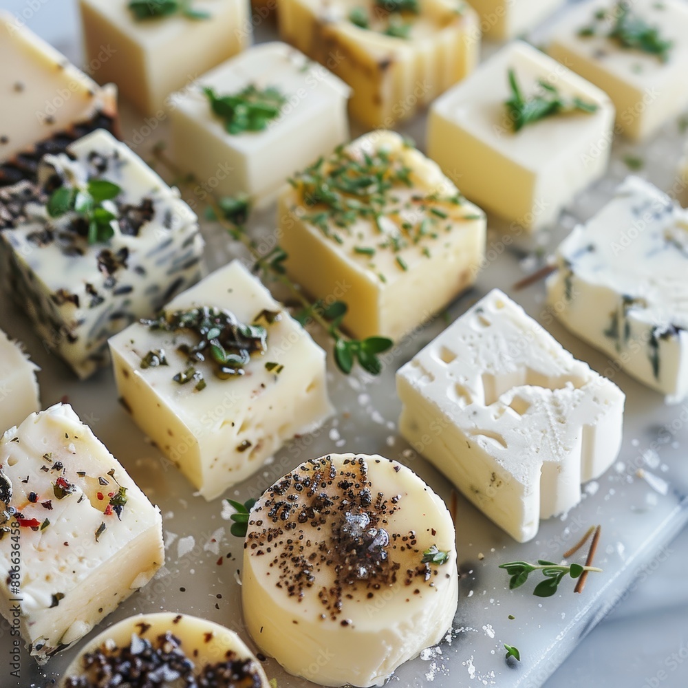 Gourmet Selection of Truffle, Herb, and Sea Salt Butters on a Marble Board Design for Culinary Inspiration Gourmet Selection of Truffle, Herb, and Sea Salt Butters on a Marble Board Design for Culinary Inspiration
