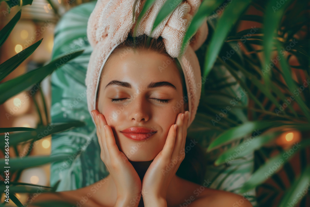 A relaxed woman with a serene expression enjoys a luxurious facial treatment in a tranquil spa setting