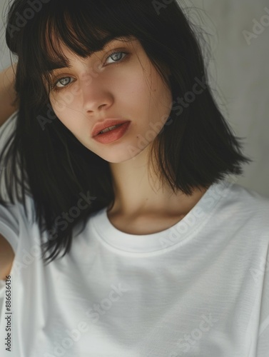 A woman poses for a photo wearing a white shirt, providing a simple and classic image