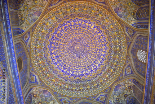 Sticker Islamic interior of Tilya-Kori Madrasah, Registan, Samarkand, Uzbekistan