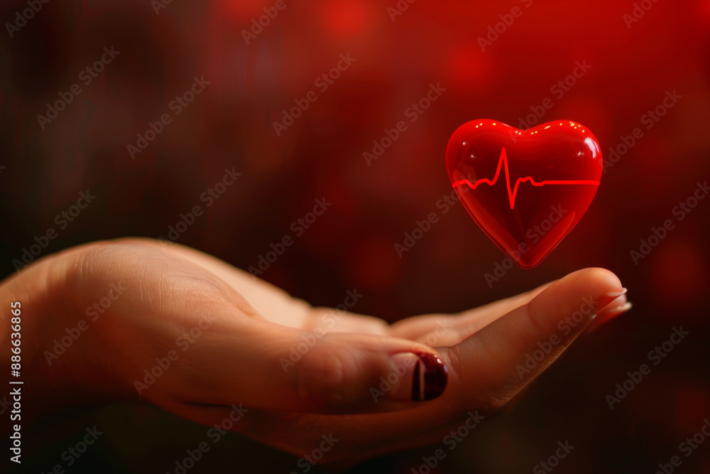 Open hand holding a floating red heart with an ECG line. Open hand holding a floating red heart with an ECG line.