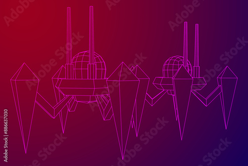 Spider robot with radar antenna. Nanobot, nanotechnology medical concept. Wireframe low poly mesh vector illustration