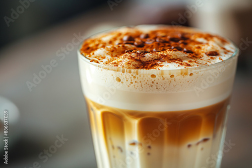 Close up of iced cappuccino coffee on glass