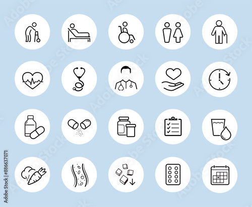 Set icons for elderly health care. The outline icons are well scalable and editable. Contrasting vector elements are good for different backgrounds. EPS10.