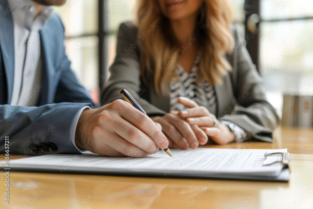 A happy couple together at a wooden table, signing a significant document, with a focused expression and a shared sense of joy. A happy couple together at a wooden table, signing a significant document, with a focused expression and a shared sense of joy.