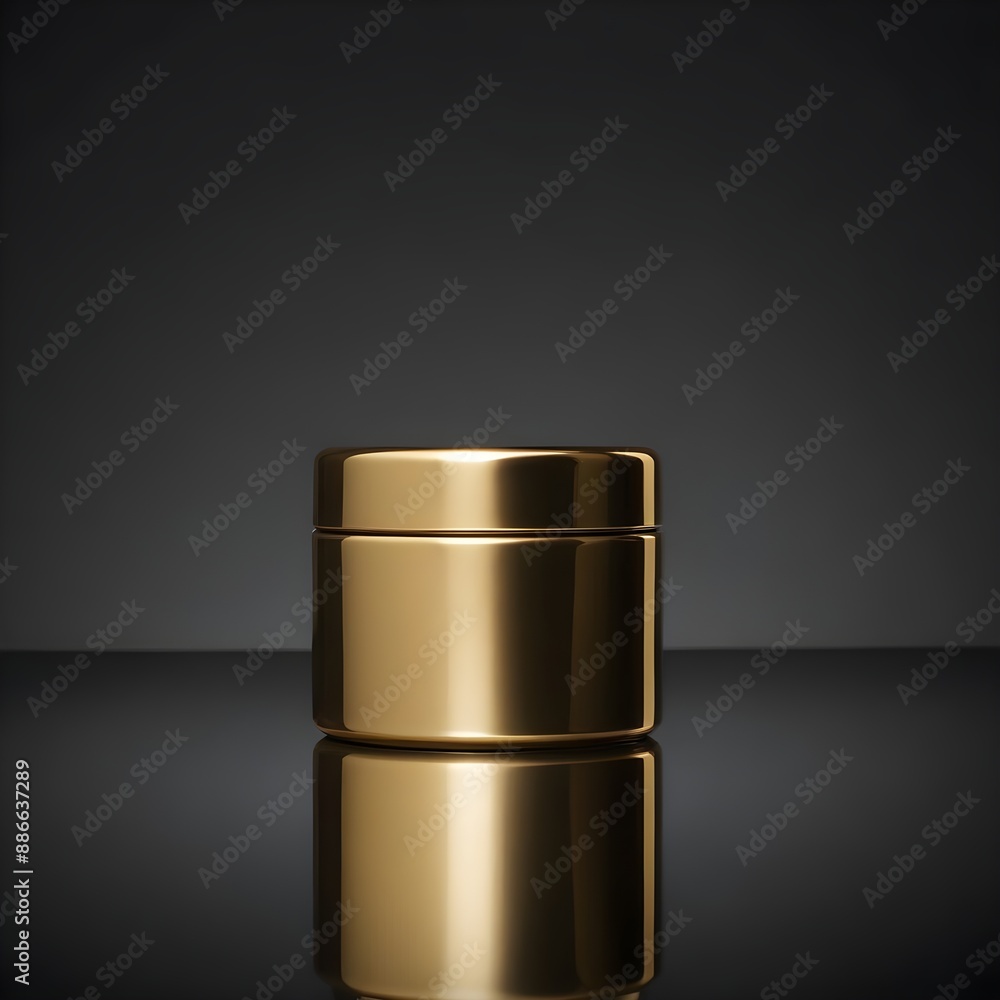A gold cosmetic container with a reflective surface, placed against a dark charcoal gray background with plenty of room for copy space A gold cosmetic container with a reflective surface, placed against a dark charcoal gray background with plenty of room for copy space