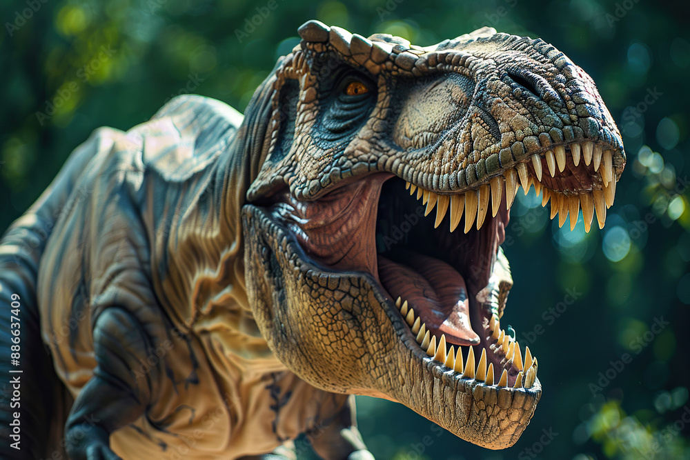 Obraz premium Generative ai on theme of big scary hungry dinosaur with kind eyes and sharp teeth destroying park