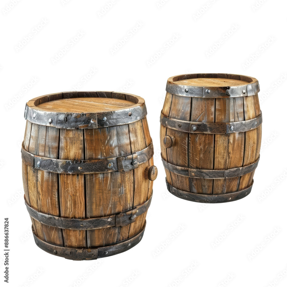 Two Rustic Wooden Barrels with Metal Bands Two Rustic Wooden Barrels with Metal Bands