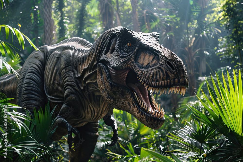 Generative ai on theme of big scary hungry dinosaur with kind eyes and sharp teeth destroying park Generative ai on theme of big scary hungry dinosaur with kind eyes and sharp teeth destroying park