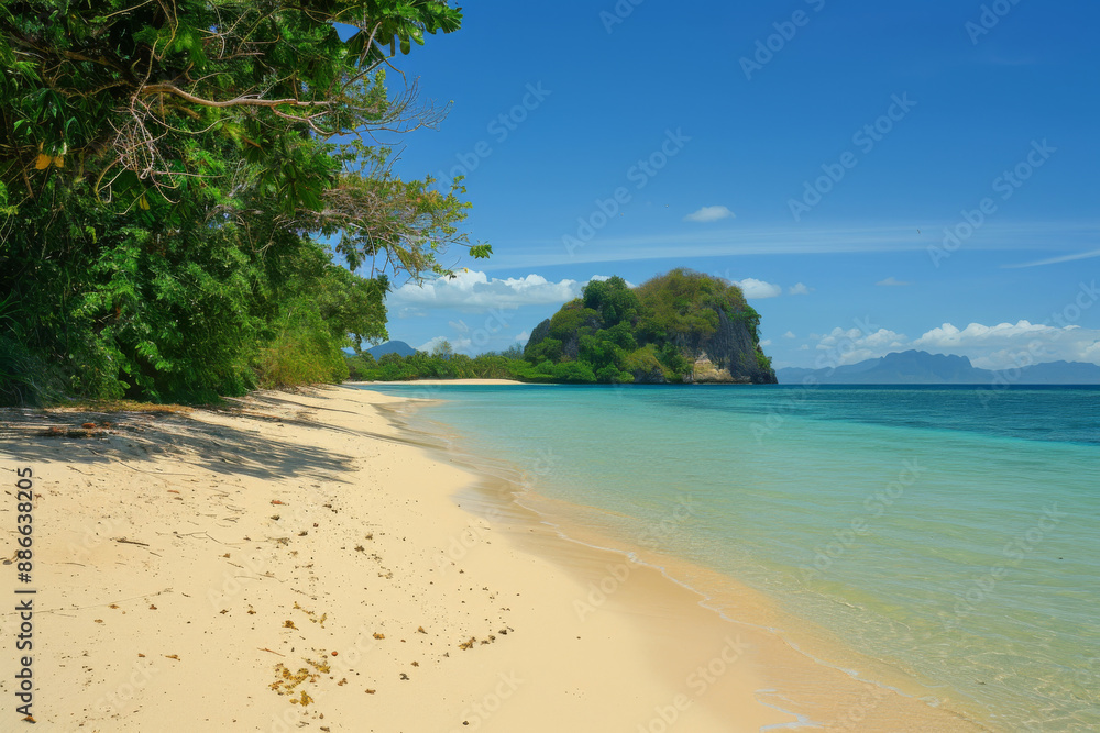 Fototapeta premium Tropical beach with crystal-clear waters and a sunny blue sky.