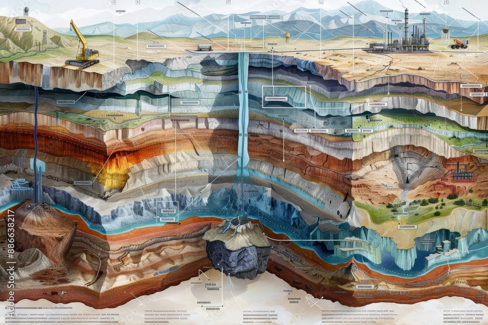 Detailed Cross-Section Illustration of Geological Layers Involved in Oil Formation for Educational Purposes Detailed Cross-Section Illustration of Geological Layers Involved in Oil Formation for Educational Purposes