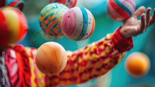 A clown expertly juggles colorful balls in mid-air