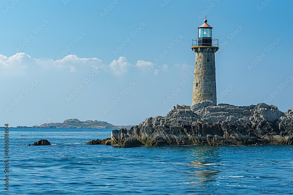 Generative ai on theme of large retro lighthouse with beam of bright light shining out to blue sea