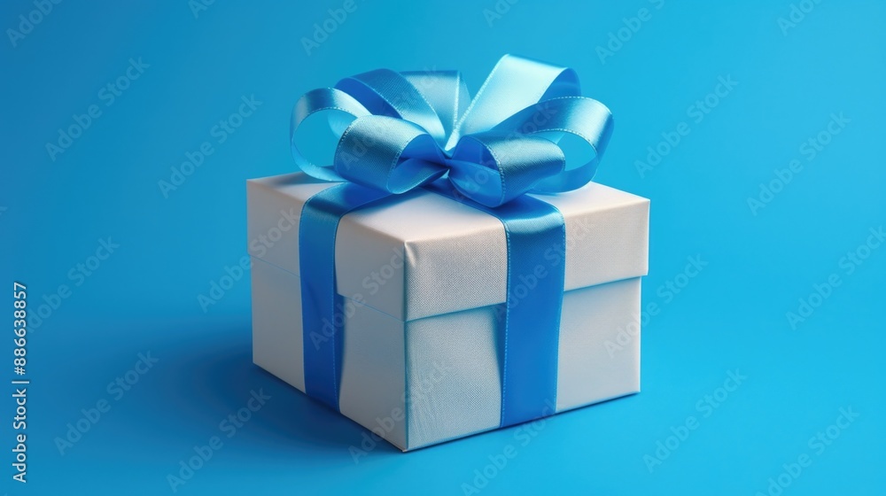 A white gift box wrapped with a blue ribbon placed on a blue background, perfect for various occasions and celebrations A white gift box wrapped with a blue ribbon placed on a blue background, perfect for various occasions and celebrations