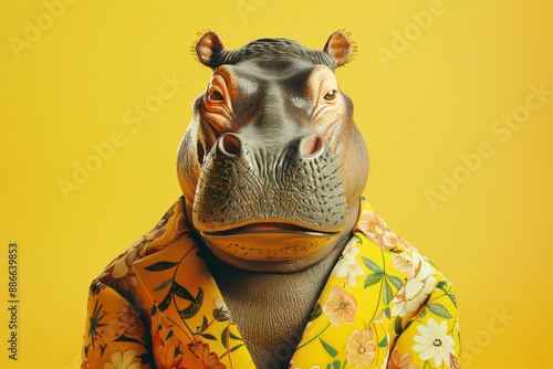 Fototapeta Naklejka Na Ścianę i Meble -  Funny hippo wearing a colorful tropical shirt, anthropomorphic animal in stylish outfit, humorous animal fashion, hippo in floral attire, bright yellow background, comical fashion concept