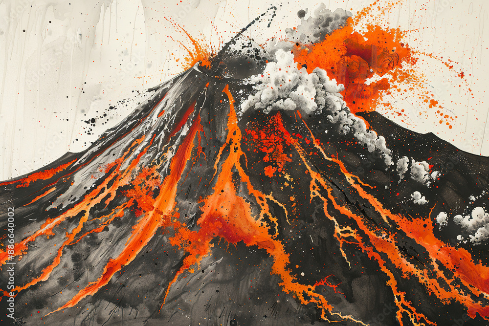 Generative ai on theme of erupting volcano with cascading hot lava surrounded thick white smoke Generative ai on theme of erupting volcano with cascading hot lava surrounded thick white smoke