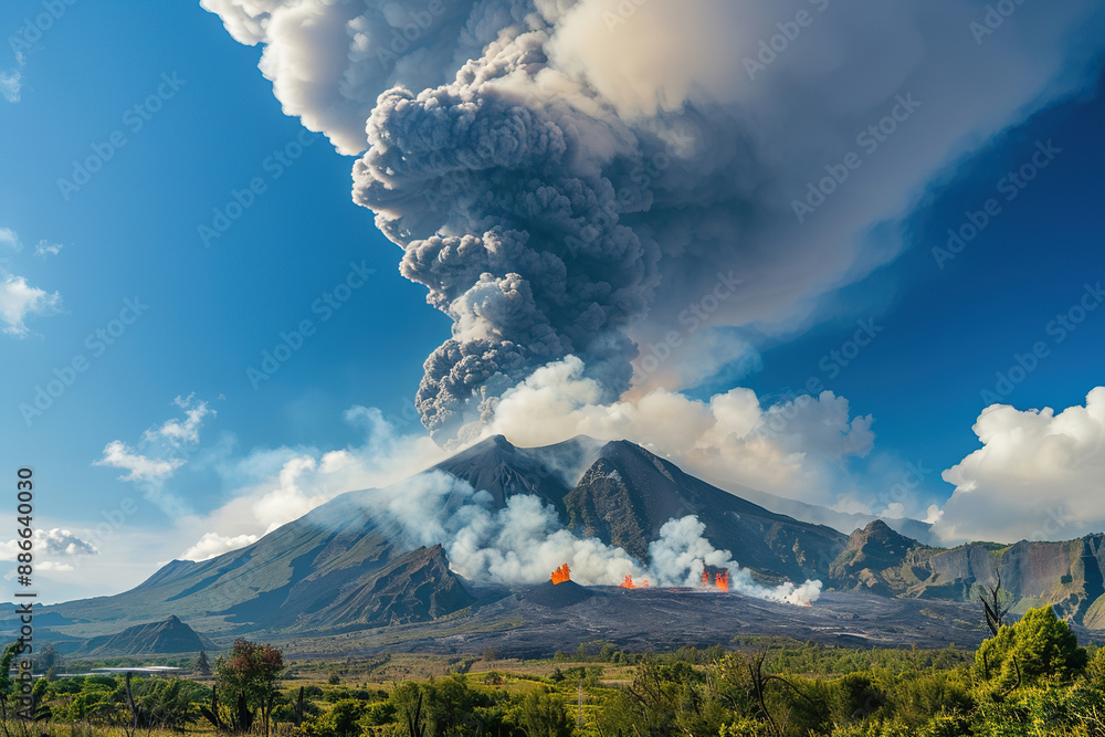 Generative ai on theme of erupting volcano with cascading hot lava surrounded thick white smoke Generative ai on theme of erupting volcano with cascading hot lava surrounded thick white smoke