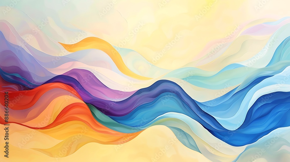 Abstract waves in vibrant shades of vermillion and cerulean, contrasting against a serene backdrop of pale yellow and lavender. Abstract waves in vibrant shades of vermillion and cerulean, contrasting against a serene backdrop of pale yellow and lavender.