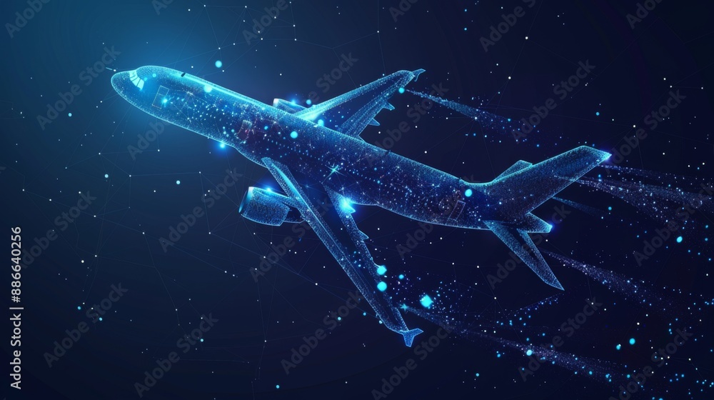 A 3D wireframe representation of an airplane, isolated against a dark blue background, rendered in an abstract vector style A 3D wireframe representation of an airplane, isolated against a dark blue background, rendered in an abstract vector style
