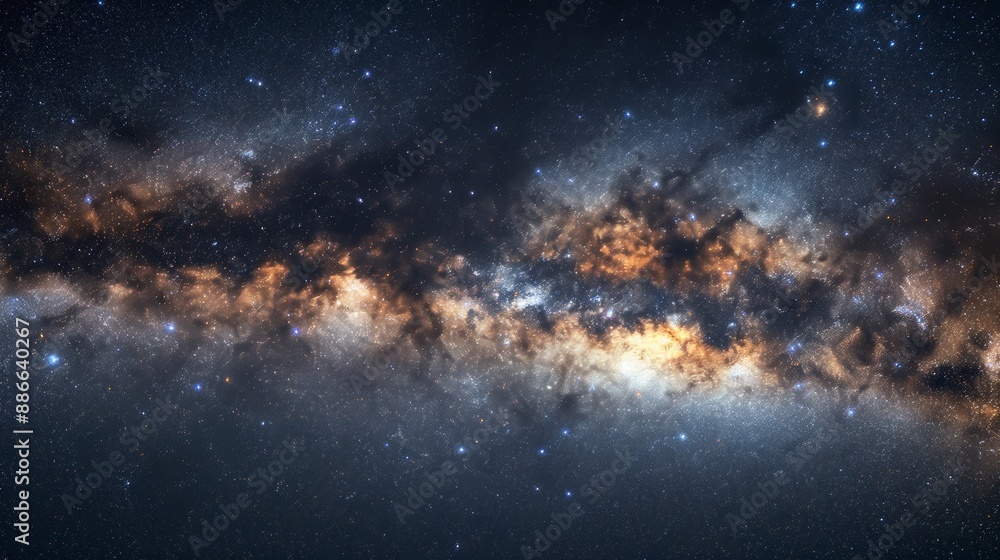 Obraz premium A beautiful panoramic view of the night sky with a star-studded canopy, highlighting the Milky Way and various constellations.