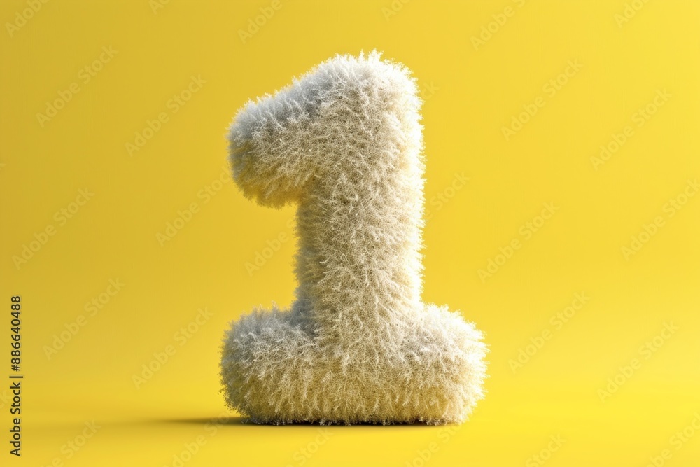 Fluffy white number one on a bright yellow background, cute decorative numeral, soft fuzzy texture, whimsical design, creative typography, playful concept Fluffy white number one on a bright yellow background, cute decorative numeral, soft fuzzy texture, whimsical design, creative typography, playful concept