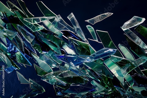 Shattered glass shards in various shades of blue and green, set against a dark background