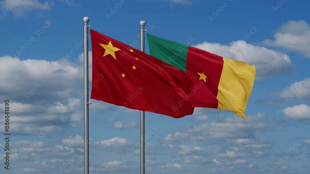 Cameroon and China flags flying together, video concept of the relationship, two country relations concept Cameroon and China flags flying together, video concept of the relationship, two country relations concept