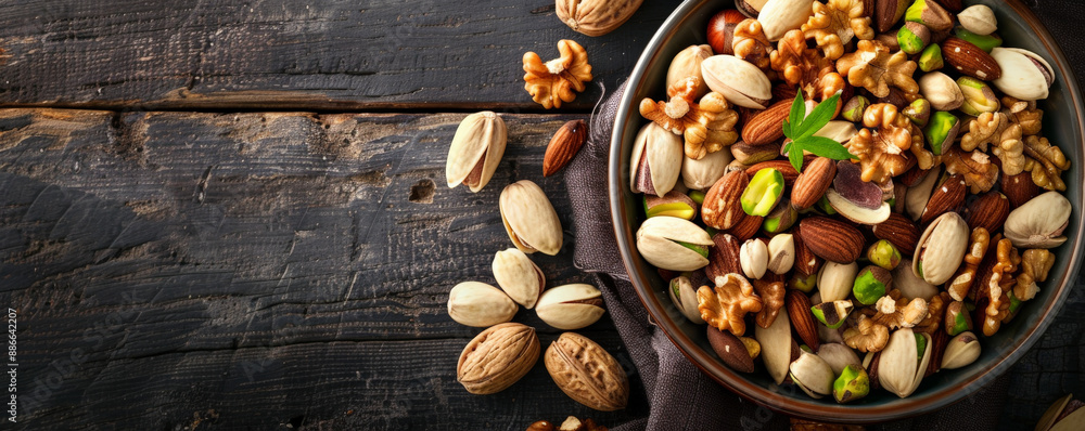 A close-up of a bowl of mixed nuts, including pistachios, walnuts, and Brazil nuts, set on a dark wooden table. The varied textures and colors of the nuts create a visually appealing composition. A close-up of a bowl of mixed nuts, including pistachios, walnuts, and Brazil nuts, set on a dark wooden table. The varied textures and colors of the nuts create a visually appealing composition.