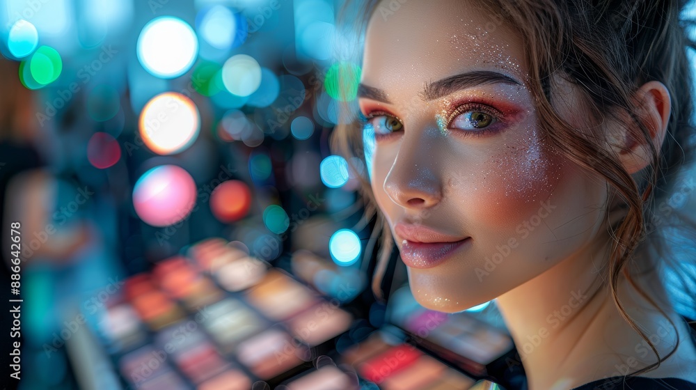 A makeup artist using advanced techniques in a vibrant, attractive setup A makeup artist using advanced techniques in a vibrant, attractive setup