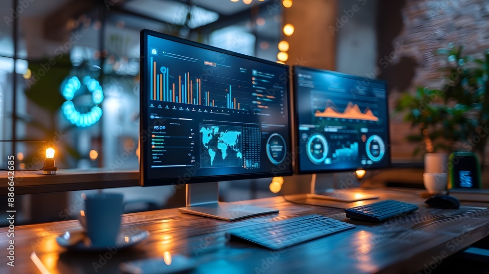 Efficient Modern Workspace with Multiscreen Data Displays for Improved Business Productivity and Insights Efficient Modern Workspace with Multiscreen Data Displays for Improved Business Productivity and Insights