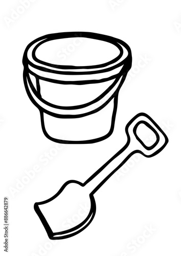 Doodle kids bucket and shovel beach toy sketch. Hand drawn beach graphic symbol isolated on white background. Vector illustration