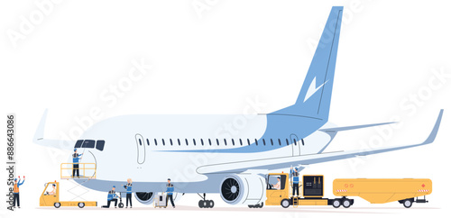 A team of aircraft maintenance workers. Preparing the plane for flight. Airline ground staff. Vector illustration