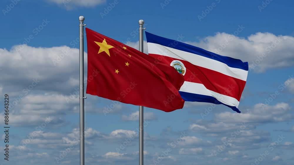 Costa Rico and China flags flying together, video concept of the relationship, two country cooperation concept Costa Rico and China flags flying together, video concept of the relationship, two country cooperation concept