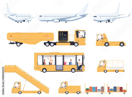 Ground staff and airline equipment. A team of aircraft maintenance workers. Preparing the plane for flight. Vector illustration