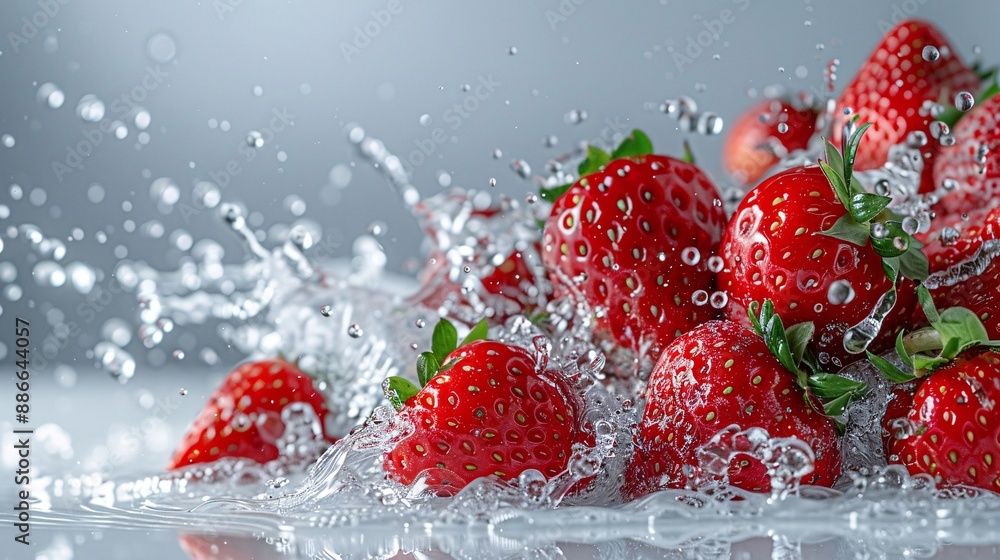 A basket of whole garden strawberries making a big splash in water captured with high-speed photography against a white background Stock Photo with copy space A basket of whole garden strawberries making a big splash in water captured with high-speed photography against a white background Stock Photo with copy space