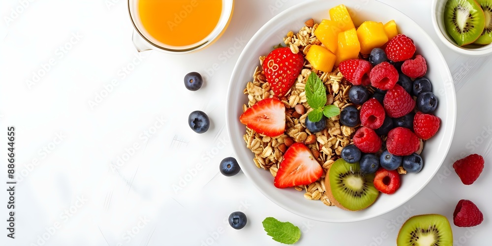 Vegetarian Granola Breakfast with Fresh Fruits Overhead Shot on White Background. Concept Food Photography, Vegetarian Breakfast, Granola Bowl, Fresh Fruits, Overhead Shot Vegetarian Granola Breakfast with Fresh Fruits Overhead Shot on White Background. Concept Food Photography, Vegetarian Breakfast, Granola Bowl, Fresh Fruits, Overhead Shot