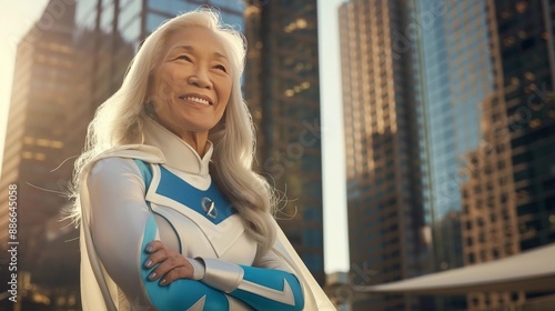 Senior Superhero in White and Blue Costume With Skyscrapers in the Background, Perfect for Comics, Posters, and SuperheroThemed Projects photo