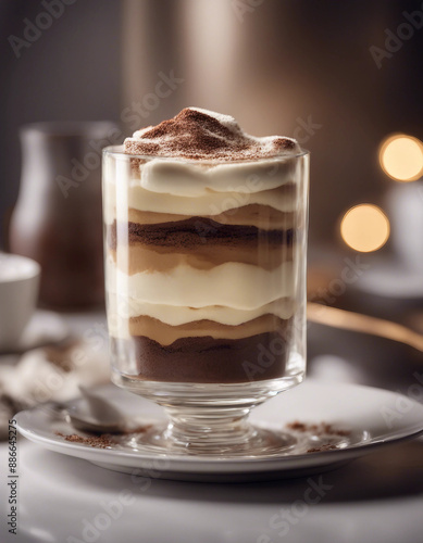 rich tiramisu served in a crystal glass with a dusting of cocoa powder 