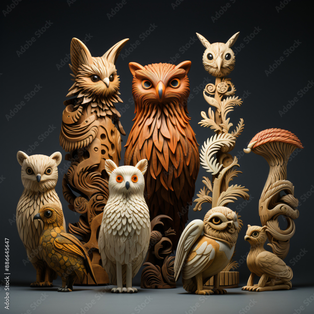 Fototapeta premium wooden carved statue of human animals buildings and nature