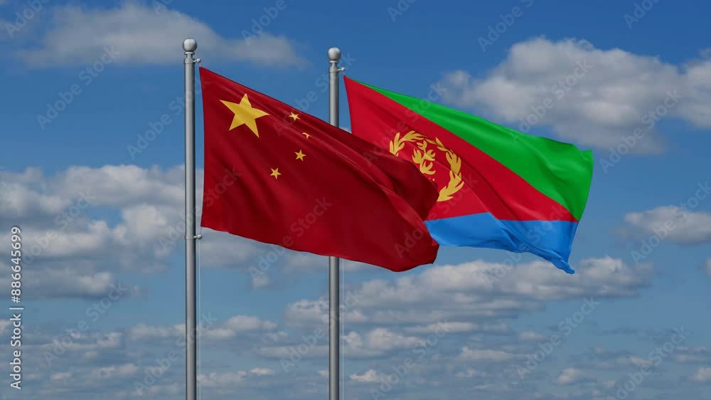 Eritrea and China flags flying together, video concept of the relationship, two country cooperation concept Eritrea and China flags flying together, video concept of the relationship, two country cooperation concept