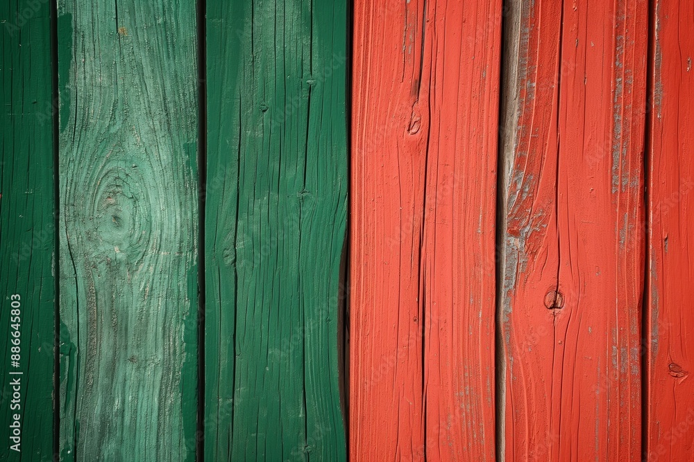 Close-up of rustic, wooden panels painted in red and green, showcasing the wood's texture and color contrast. Close-up of rustic, wooden panels painted in red and green, showcasing the wood's texture and color contrast.