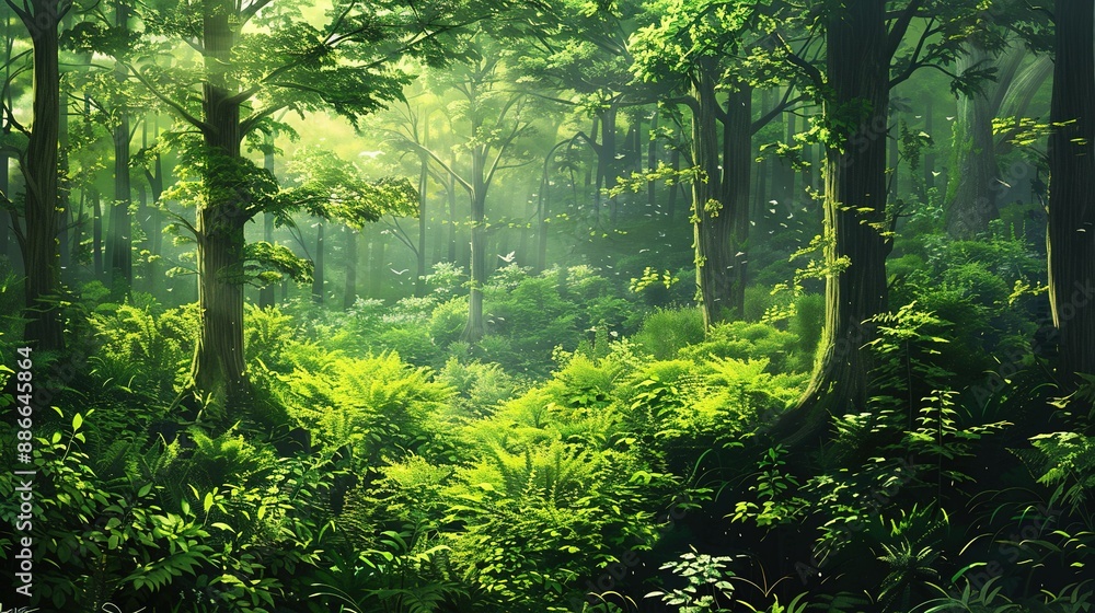 Fototapeta premium Morning Light Penetrates the Beautiful Green Forest