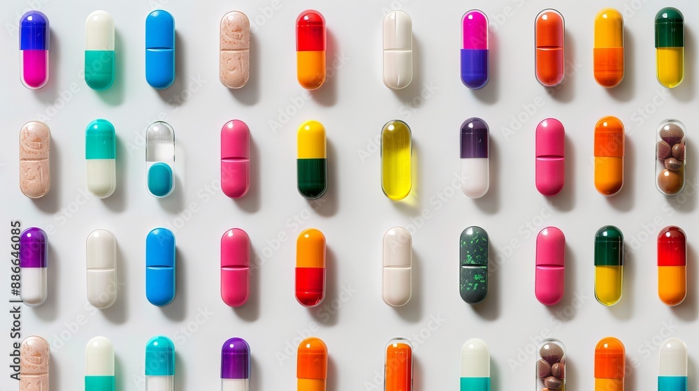 A close-up shot of a variety of colorful pill doses arranged neatly in a grid pattern on a clean white background A close-up shot of a variety of colorful pill doses arranged neatly in a grid pattern on a clean white background