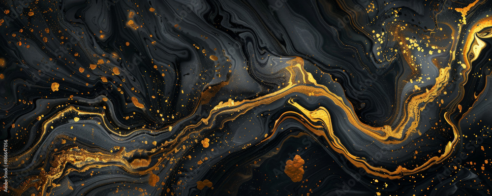 Abstract fluid art background featuring a combination of gold and black, creating a luxurious and dramatic effect with intricate, flowing patterns and metallic accents. Abstract fluid art background featuring a combination of gold and black, creating a luxurious and dramatic effect with intricate, flowing patterns and metallic accents.