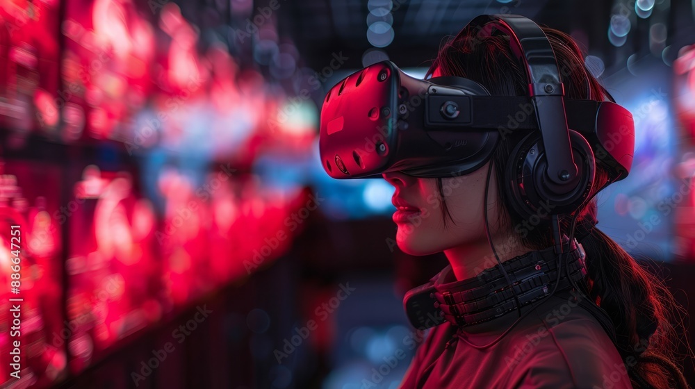 Virtual reality gaming arena with players immersed in a hyper-realistic digital world. Virtual reality gaming arena with players immersed in a hyper-realistic digital world.