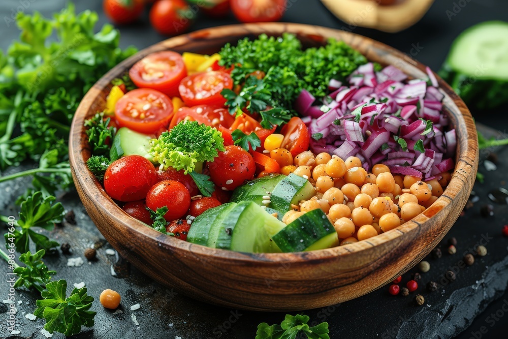 A vibrant and colorful salad featuring cherry tomatoes, chickpeas, cucumbers, red onions, and various greens, all intricately arranged in a wooden bowl on a dark background. A vibrant and colorful salad featuring cherry tomatoes, chickpeas, cucumbers, red onions, and various greens, all intricately arranged in a wooden bowl on a dark background.