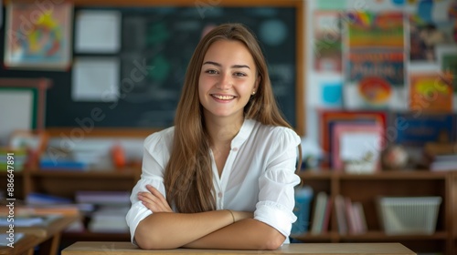 Cheerful Eastern European Student Sitting at Desk in Classroom, Ideal for Educational and Academic Themes, Design for Print, Card, Poster.