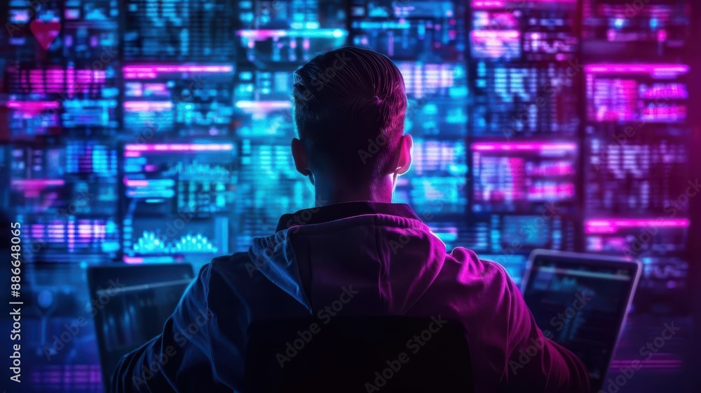 Cyber fraud, floating holographic screens, neon tech room, hightech criminal Cyber fraud, floating holographic screens, neon tech room, hightech criminal