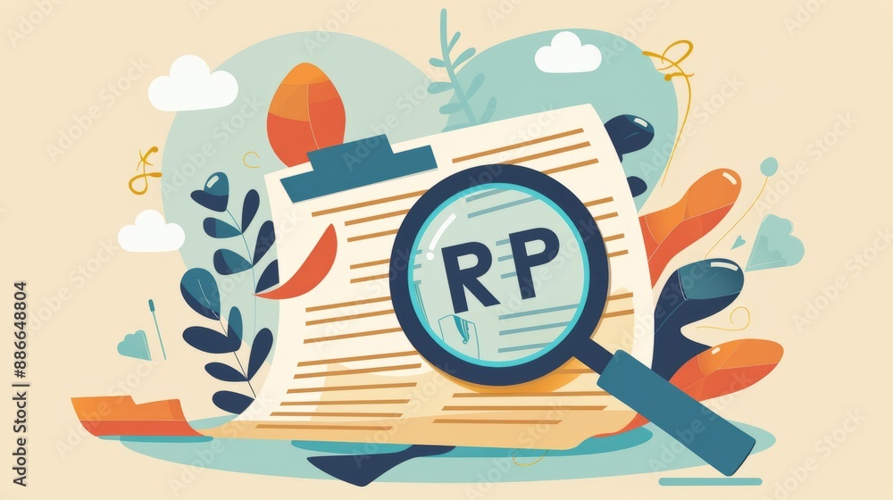 Fototapeta premium The illustration of the acronym RFP text is combined with the expanded document, and the magnifying glass symbolizes the openness and exploration of the proposal.